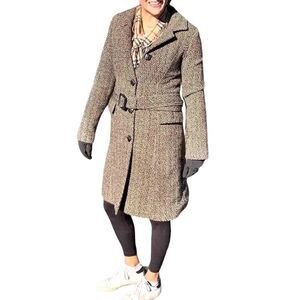 Laundry Shelli Segal Wool Long Brown Herringbone Dress Peacoat & Belt Women’s 8